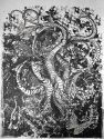 black, white and shades of grey, a lithographic print with swirling tendrils, blotches, feathers and butterflies, the image is darker at the bottom.